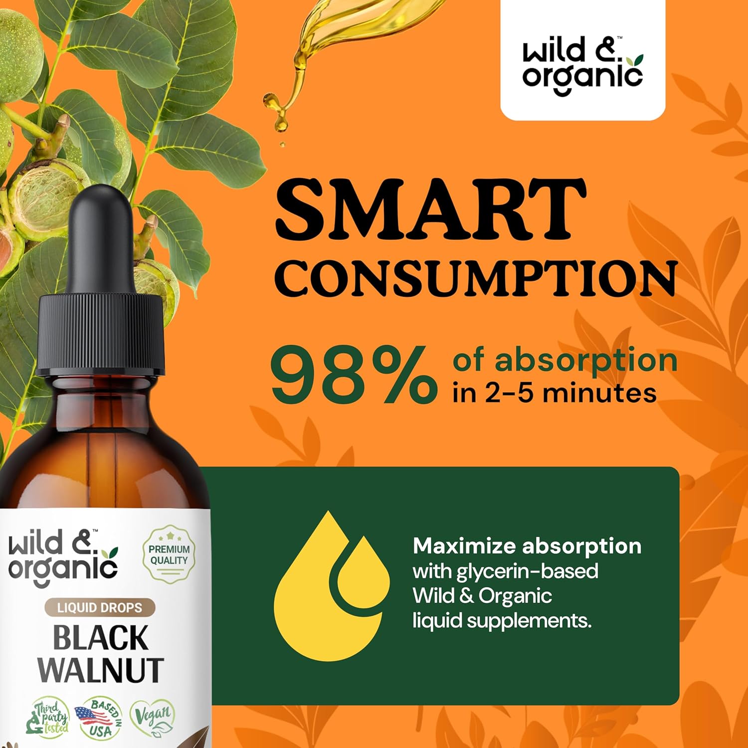 Wild & Organic Black Walnut Tincture - Cleanse Detox with Black Walnut Hull Extract - Herbal Supplement for Gut Detox Cleanse and Digestive Well-Being - Vegan, Sugar & Alcohol-Free - 2 fl oz - Image 4