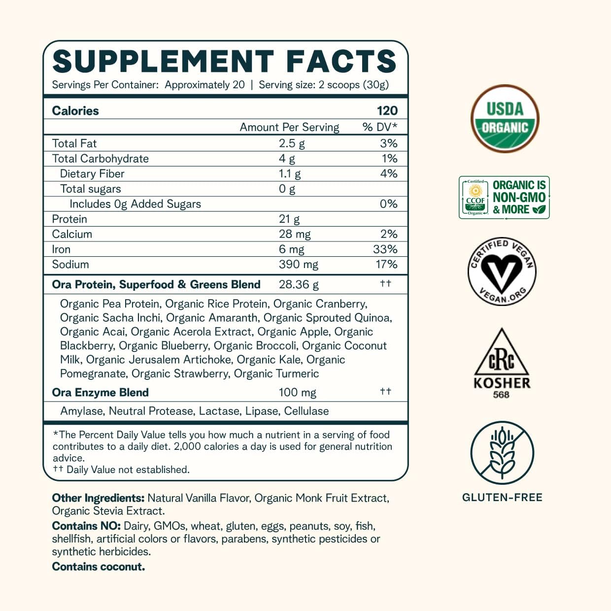 Ora Organic Greens Powder & Protein Power Bundle: 20+ Superfood Greens Blend - Citrus Flavor, 30 Servings + 21g Plant Based Protein Powder, Vanilla Flavor, 20 Servings - Image 3