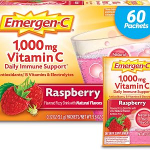 Emergen-C 1000mg Vitamin C Powder, with Antioxidants, B Vitamins and Electrolytes, Vitamin C Supplements for Immune Support, Caffeine Free Drink Mix, Raspberry Flavor – 60 Count/2 Month Supply