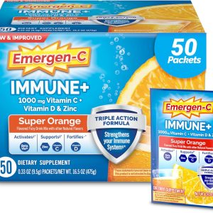 Emergen-C Immune+ Triple Action Immune Support Powder, BetaVia (R), 1000mg Vitamin C, B Vitamins, Vitamin D and Antioxidants, Super Orange – 50 Count