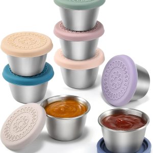 [8 Pack] Salad Dressing Container To Go, 2.4oz Small Condiment Containers with Leakproof Silicone Lids, Reusable Stainless Steel Sauce Cups for Lunch Bento Box, Picnic and Travel