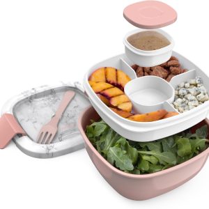 Bentgo All-in-One Salad Container – Large Salad Bowl, Bento Box Tray, Leak-Proof Sauce Container, Airtight Lid, & Fork for Healthy Adult Lunches; BPA-Free & Dishwasher/Microwave Safe (Blush Marble)