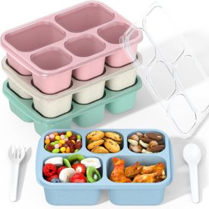 Bento Box Adult Lunch Box – 4 Pack, 5 – Compartment Meal Prep Container for Kids, Reusable Food Storage Snack Containers – Stackable for School, Work, and Travel (Wheat(Green/Blue/Pink/Beige))