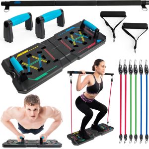 BlueClouds Push Up Board and Pilates Bar Kit – Color Coded Foldable Pushup Board Fitness Tool – Reinforced Aluminum Resistance Band Bar – At Home Gym Accessories for Men and Women – Portable Gym