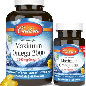 Carlson – Maximum Omega 2000, 2000 mg Omega-3 Fatty Acids Including EPA and DHA, Wild-Caught, Norwegian Fish Oil Supplement, Sustainably Sourced Fish Oil Capsules, Lemon, 90+30 Softgels