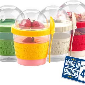 Crystalia Yogurt Parfait Cups with Lids, Mini Breakfast On the Go Plastic Bowls with Topping Cereal Oatmeal Container with Spoon for Lunch Box, Portable & Reusable, Colorful Set of 4 (Small 17 oz)