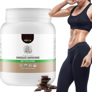 Detox Organics Chocolate Superfood Powder – Cleanse and Detox Smoothie Mix Supplement with Organic Greens Blend, Digestive Enzymes, Immune Support, Bloating Relief, Vegan, Low-Carb (30 Servings)