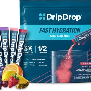 DripDrop Hydration Juicy Variety Pack Electrolyte Drink Mix Single-Serve Powder Packets- Grape, Fruit Punch, Strawberry Lemonade, Cherry – 32 Servings