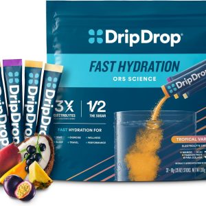 DripDrop Hydration – Tropical Variety Pack – Electrolyte Drink Mix Single Serve Hydration Powder Packets – Mango, Açaí, Passion Fruit, Piña Colada | Non-GMO, Gluten Free, Vegan | 32 Sticks