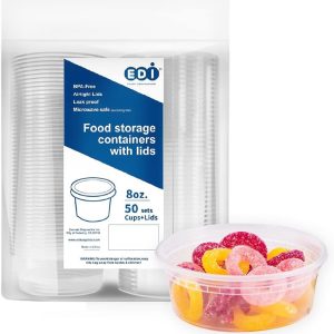 EDI [8 OZ, 50 Sets] Plastic Deli Food Storage Containers with Airtight Lids | Microwave-, Freezer-, Dishwasher-Safe | BPA Free | Heavy-Duty | Meal Prep | Leakproof | Recyclable