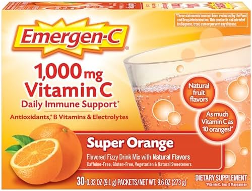 Emergen-C 1000mg Vitamin C Powder for Daily Immune Support Caffeine Free Vitamin C Supplements with Zinc and Manganese, B Vitamins and Electrolytes, Super Orange Flavor - 30 Count
