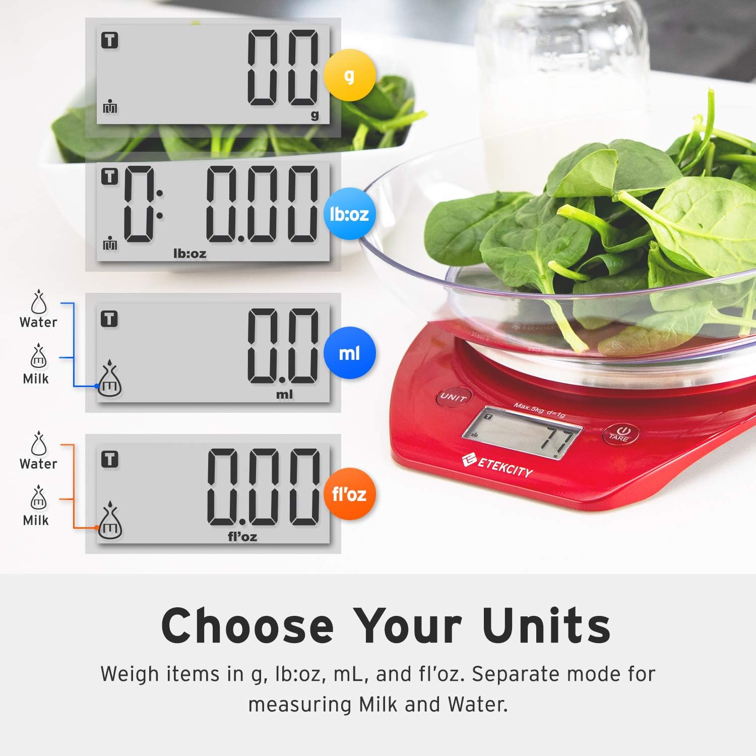 Etekcity Food Kitchen Scale, Digital Weight Grams and Oz for Cooking, Baking, Meal Prep, and Diet, 11lb/5kg, Red - Image 2