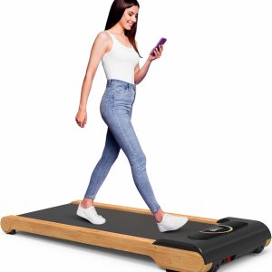 FYC Wooden Walking Pad, Under Desk Treadmill for Home Compact Mini Treadmills with Remote Control, 265lbs Capacity Low Noise Portable Walking Jogging Machine Installation-Free