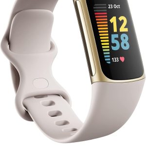 Fitbit Charge 5 Advanced Health & Fitness Tracker with Built-in GPS, Stress Management Tools, Sleep Tracking, 24/7 Heart Rate and More, Lunar White/Soft Gold, One Size (S &L Bands Included)