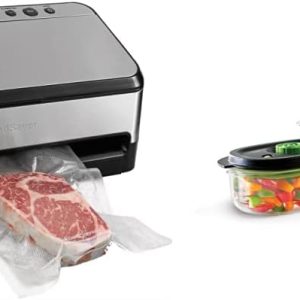 FoodSaver V4840 2-in-1 Vacuum Sealer Machine with Automatic Bag Detection and Starter Kit | Silver, 18.80 x 9.50 x 10.60 inches & 2116382 Preserve & Marinate Vacuum -Containers, 3, 10 Cups, Clear