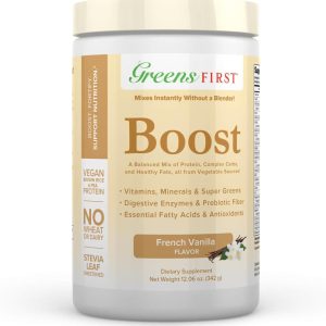 Greens First Boost – Plant-Based Protein & Balanced Nutrition – Superfood Shake Mix – No Wheat or Soy – Dairy-Free – Vegan – French Vanilla, 12.06 oz.