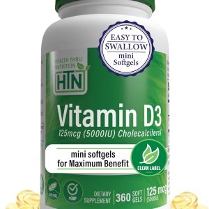 Health Thru Nutrition Vitamin D3 5,000iu 360 Mini Softgels for Maximum Benefit Year Supply | 125mcg Cholecalciferol | 3rd Party Tested | Non-GMO USP Grade in Organic EVOO | Immune Health Support