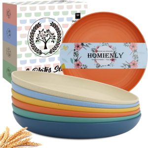Homienly Deep Plates 6 PCS Reusable Dinner Plates Alternative for Plastic Plates Microwave and Dishwasher Safe Wheat Straw Plates for Kitchen Unbreakable Kids Plates with 6 Colors (10 INCH)