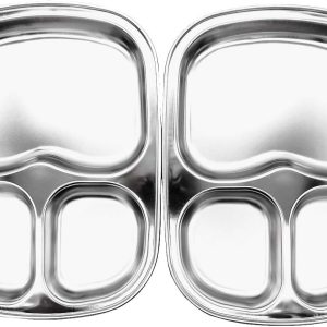 Korean Stainless Steel Divided Plates, Kids Toddlers Babies Tray, BPA Free, Diet Food Control, Camping Dishes, Compact Serving Platter, Dinner Snack, 3 Compartment Plate Silver, Set of 2