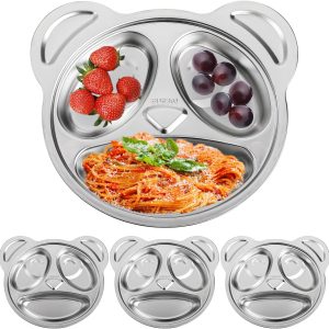 Lyellfe Set of 4 Stainless Steel Divided Plates, 3 Sections Unbreakable Dinner Plates, Cute Panda Shape Divided Plates for Picky Eaters, Lunch, Camping