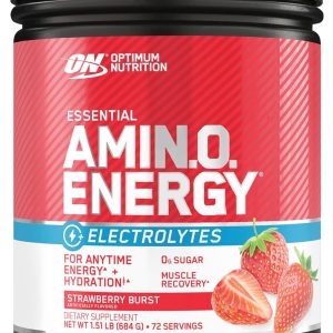 Optimum Nutrition Essential AMIN.O Energy & Electrolytes – Energy, Focus & Post-Workout Muscle Recovery – Strawberry Pre-Workout Electrolyte Powder Drink – Strawberry Burst, 1.51 lb (72 Servings)