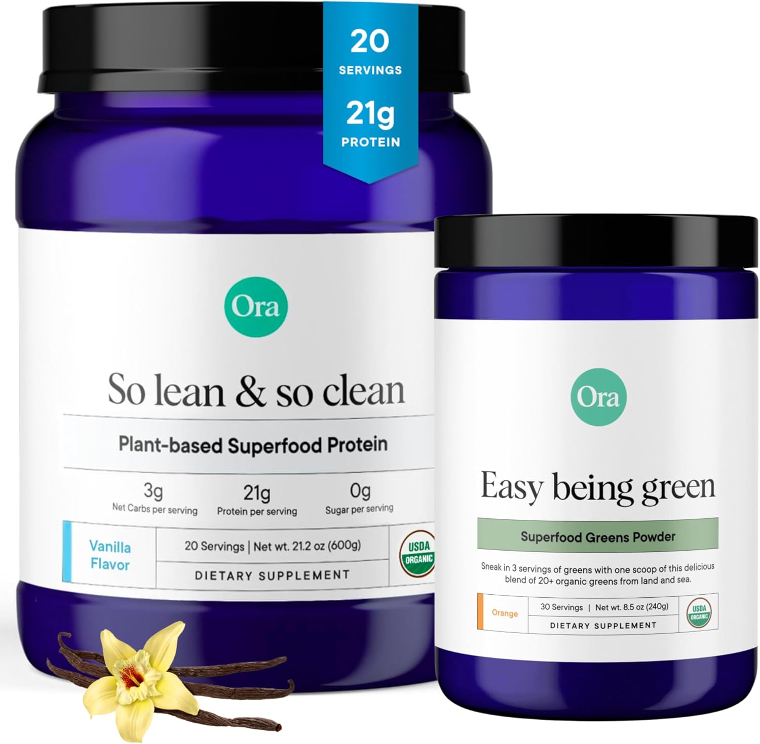 Ora Organic Greens Powder & Protein Power Bundle: 20+ Superfood Greens Blend - Citrus Flavor, 30 Servings + 21g Plant Based Protein Powder, Vanilla Flavor, 20 Servings