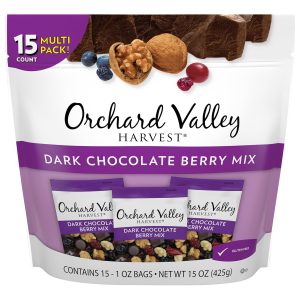 Orchard Valley Harvest Dark Chocolate Berry Mix, 1oz Snack Packs 15 Count – Walnuts, Sweetened Cranberries, Dark Chocolate Cherries, Blueberries, Gluten-Free, 2g Fiber, Chocolate Covered Berries