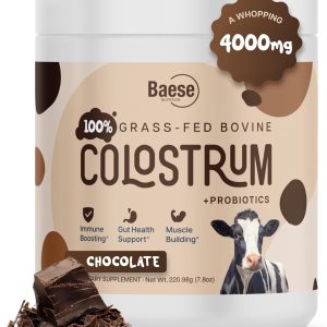 Organic Chocolate 4000mg Bovine Colostrum Powder for Humans Grass Fed + Probiotics Colostrum Supplement for Kids & Adults with Immunoglobulins (220.98 Grams)