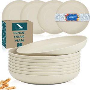 PYRMONT Wheat Straw Plates 11 Inch Large Dinner Plates Set of 8 – Plastic Plates Reusable Alternative for Plastic Plates -Dishwasher and Microwave Safe Unbreakable Plates – Beige