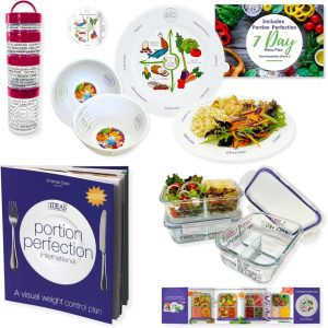 Portion Control Plates Bowls Porcelain 10 Inch and with Clear Instruction Book, Meal Prep/Lunchbox Borosilicate Glass Containers and 100 Cal Snack Containers for Weight Loss