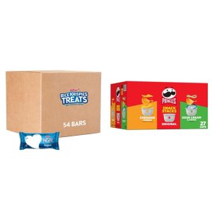 Rice Krispies Treats Marshmallow Snack Bars, Kids Snacks, School Lunch, Original (54 Bars) + Pringles Potato Crisps Chips, Lunch Snacks, Snack Stacks, Variety Pack, 19.3oz Box (27 Cups)