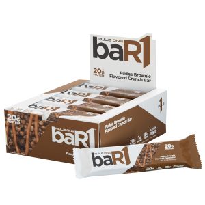 Rule 1 baR1 Crunch Bar – On-The-Go Convenient Protein Snack Bars with 20g Premium Protein, Naturally-Packed with EAAs/BCAAs, Hunger-Filling Fiber (12 Count Box, Fudge Brownie)