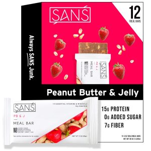 SANS PB and J Meal Replacement Protein Bar | All-Natural Nutrition Bar With No Added Sugar | Dairy-Free, Soy-Free, and Gluten-Free | 14 Essential Vitamins and Minerals | (12 Pack)