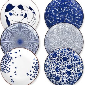 Selamica 10 Inch Kitchen Serving Plates, Large Dessert Plates Ceramic for Salad Pasta Steak, Microwave Dishwasher Safe, Set of 6, Blue