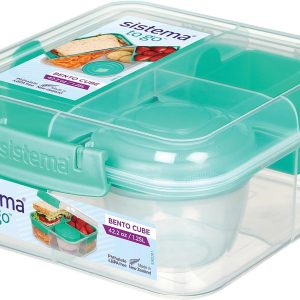 Sistema Bento Box Lunch Box with 3 Compartments, 2 Removable Trays, and Salad Dressing Container, Dishwasher Safe, Color May Vary