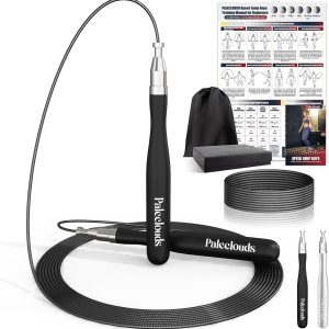 Speed Jump Rope, 360°Double Ball Bearing High Speed Weighted Skipping Rope with Self-Locking Screw-Free Design & Training Poster, 2 Tangle Free PU Speed Rope for Boxing, Crossfit & Home Exercise(Men & Women)