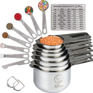 Stainless Steel Measuring Cups and Spoons Set of 16-7 Cup & 7 Spoon + Conversion Chart & Leveler – Kitchen Measuring Spoons and Cups – Dry Measure Cups Stainless Steel & Baking Metal Measuring Cups