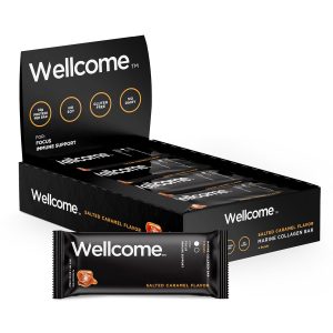 Wellcome Salted Caramel Marine Collagen Protein Bar with Reishi Mushroom For Energy and Immune Support – Adaptogenic Snack Bar – Dairy Free Health Bar for Functional Active Lifestyle (Pack of 12)