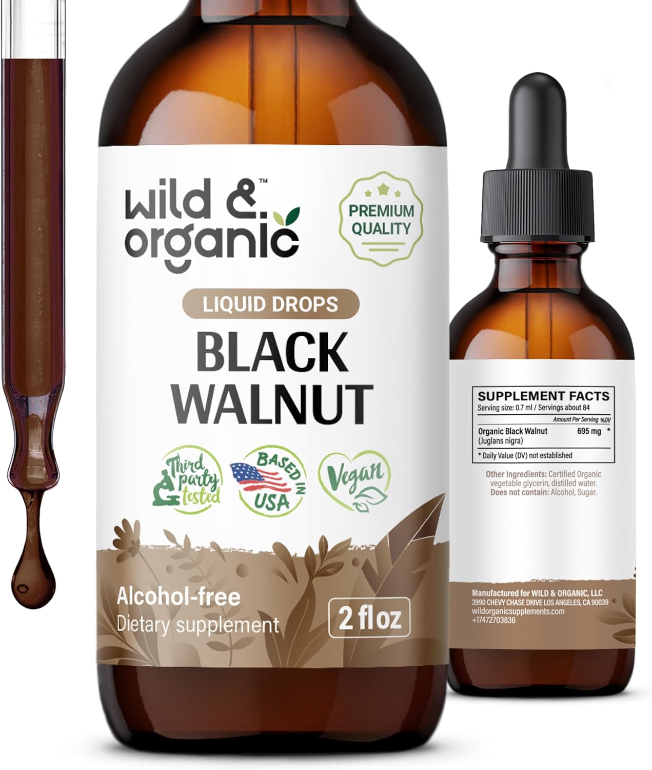 Wild & Organic Black Walnut Tincture - Cleanse Detox with Black Walnut Hull Extract - Herbal Supplement for Gut Detox Cleanse and Digestive Well-Being - Vegan, Sugar & Alcohol-Free - 2 fl oz
