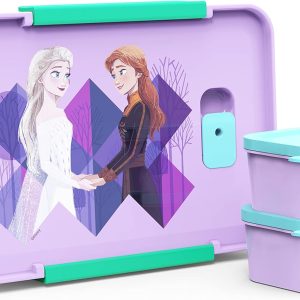 Zak Designs Disney Frozen 2 Reusable Plastic Bento Box with Leak-Proof Seal, Carrying Handle, Microwave Steam Vent, and Individual Containers for Kids’ Packed Lunch (3 PCs Set, Anna & Elsa)