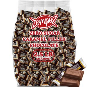 Zero Sugar Caramel Filled Milk Chocolate Candy, Bulk 2.5 Lbs, Sugar Free, Individually Wrapped Miniature Chocolate Bars, Individually Wrapped, Aspartame Free, Keto and Diabetic Friendly