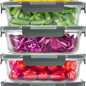 Zulay Kitchen 5 Pack Glass Meal Prep Containers with Lids – Airtight, Premium Borosilicate Glass Food Storage Containers – Microwave, Freezer & Oven Safe, BPA Free – Gray