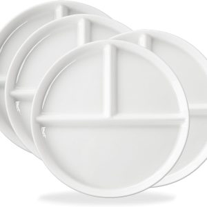 10″ Ceramic Divided Plates Set of 4Pcs, Portion Control Plate, Reusable Bariatric Plate for Kids Adults, 3 Compartment Plates, White Dinner Plates for Balanced Meal, Microwave, Dishwasher Safe