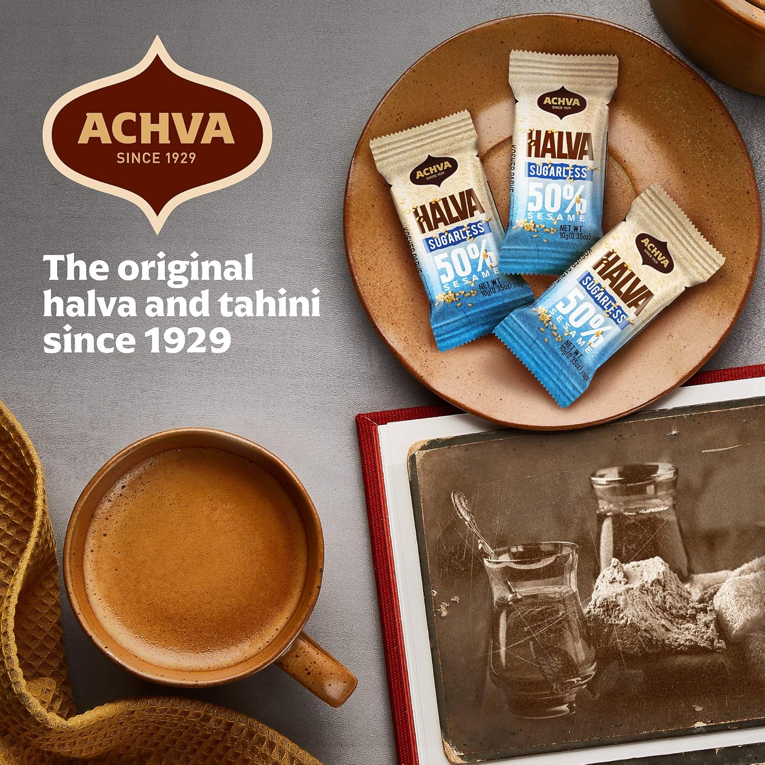 Halva Sugarless Tahini Bar Mini Snacks – Assortment of 15 Snack-Sized Vanilla Flavor Halvah– Vegan, Kosher Snacks with No Gluten or Lactose by Achva, 12 g. Each Product Name - Image 4