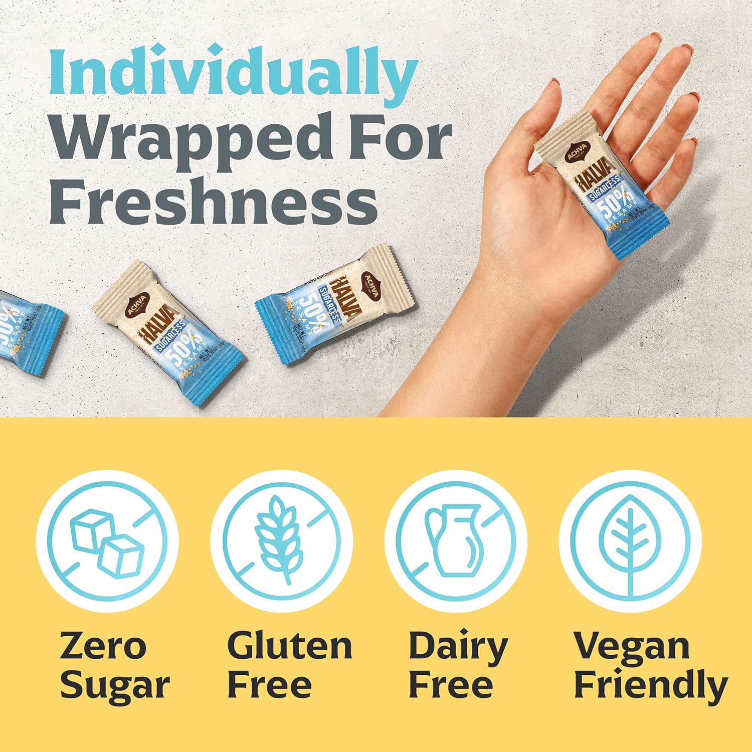 Halva Sugarless Tahini Bar Mini Snacks – Assortment of 15 Snack-Sized Vanilla Flavor Halvah– Vegan, Kosher Snacks with No Gluten or Lactose by Achva, 12 g. Each Product Name - Image 5