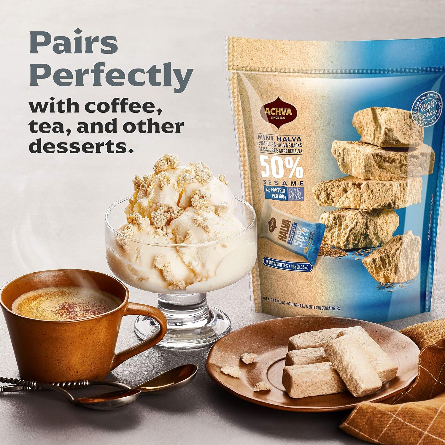 Halva Sugarless Tahini Bar Mini Snacks – Assortment of 15 Snack-Sized Vanilla Flavor Halvah– Vegan, Kosher Snacks with No Gluten or Lactose by Achva, 12 g. Each Product Name - Image 6
