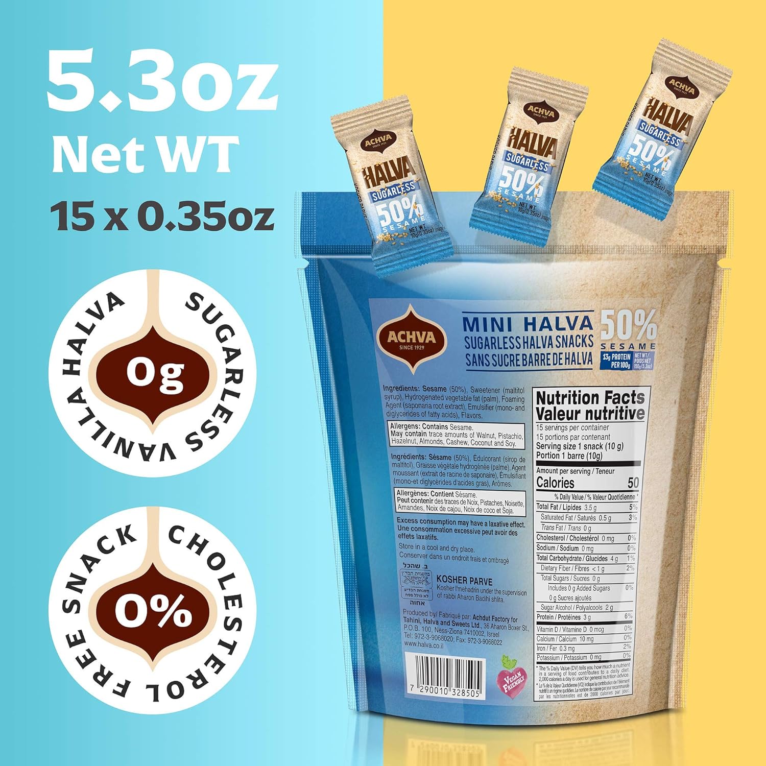 Halva Sugarless Tahini Bar Mini Snacks – Assortment of 15 Snack-Sized Vanilla Flavor Halvah– Vegan, Kosher Snacks with No Gluten or Lactose by Achva, 12 g. Each Product Name - Image 7
