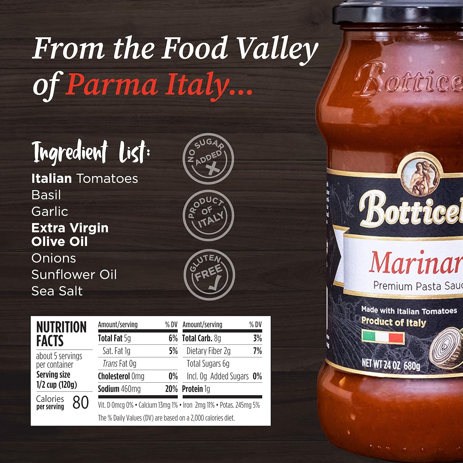 Marinara Premium Italian Pasta Sauce by Botticelli, 24oz Jars (Pack of 6) - Product of Italy - Whole30 Approved - Gluten-Free - No Added Sugar, Artificial Colors, Flavors, or Preservatives - Image 3