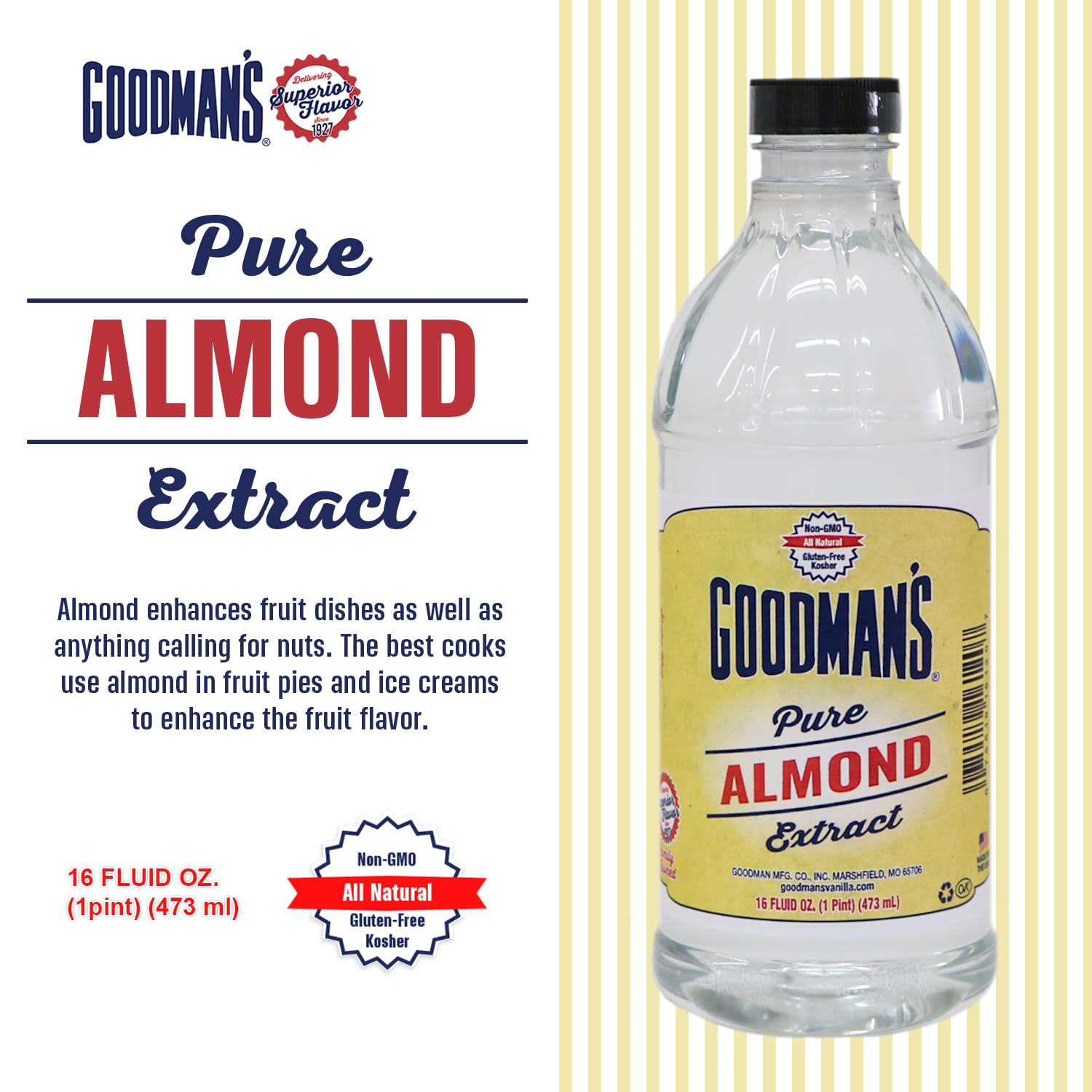 Goodman's Pure Almond Extract - Gluten-Free, Non-GMO, Kosher, Low Carb & Low Calorie - Ideal for Baking, Cooking, and Beverages - No Artificial Colors, No Animal Products, No Sugar (16oz Bottle) - Image 3