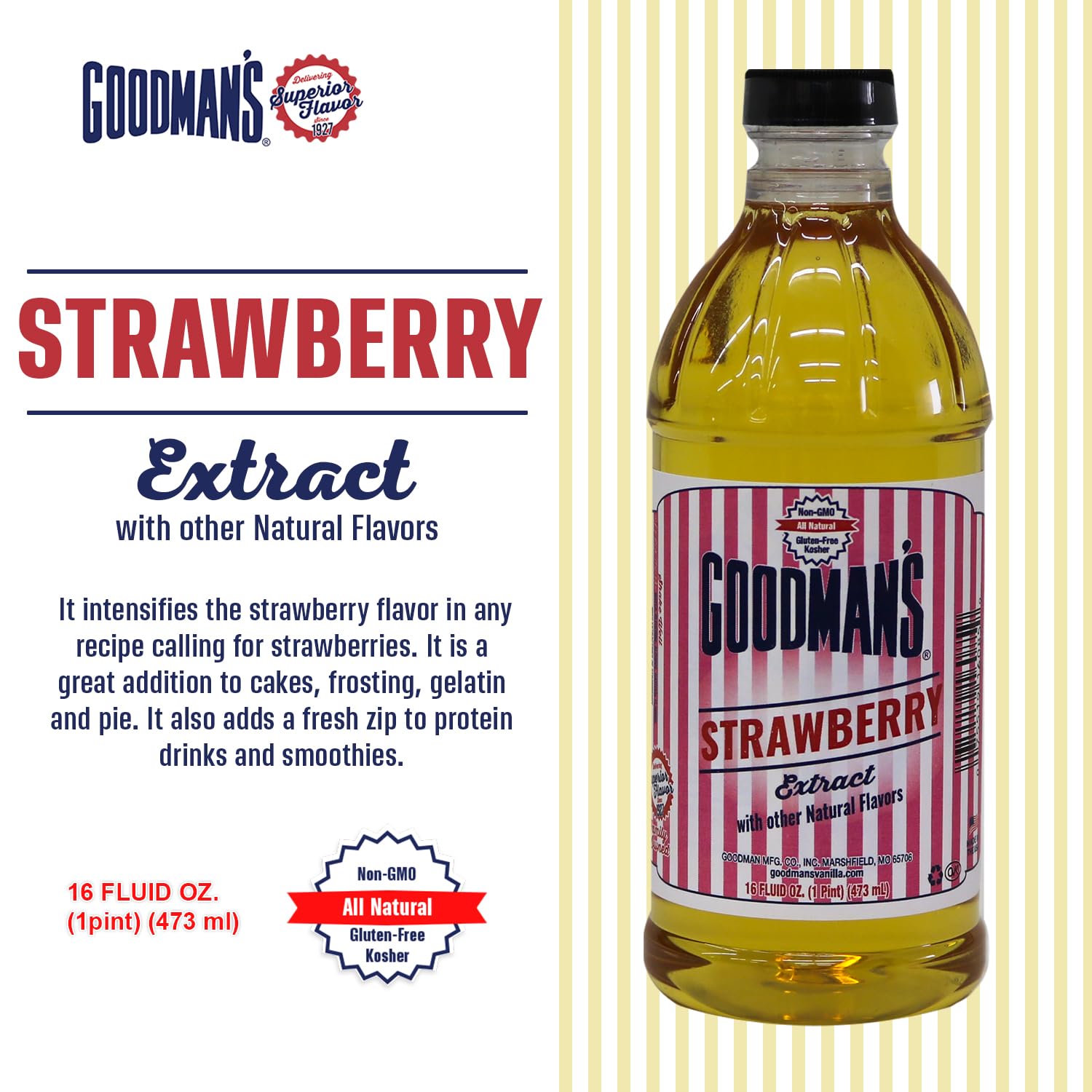 Goodman's Natural Strawberry Extract - Gluten-Free, Non-GMO, Kosher, Low Carb & Low Calorie, Low Alcohol, No Artificial Color, No Animal Products, No Sugar -Enhances Baking, Drinks & Desserts - 1 Pint - Image 3